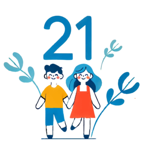 Due persone sorridenti, un uomo e una donna, che camminano per mano, con il numero 21 sopra le loro teste, simbolizzando l'unità e l'importanza del cromosoma 21